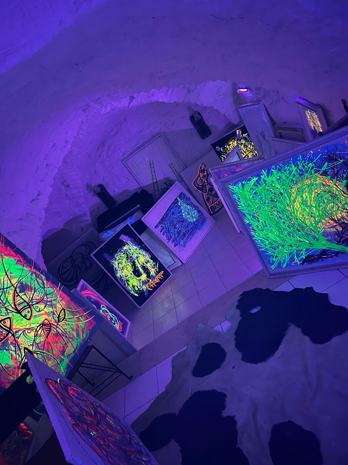 Neon lighting inside the art gallery creating an immersive atmosphere