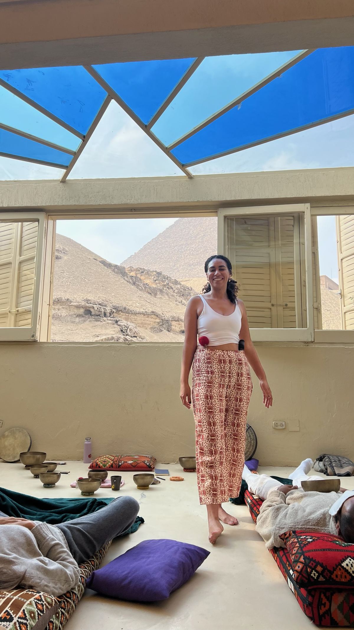 Hana smiling at the guesthouse near the pyramids