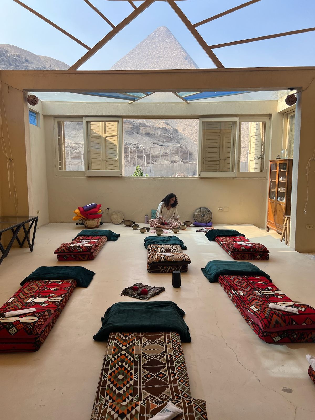 Interior of the guesthouse with pyramid views